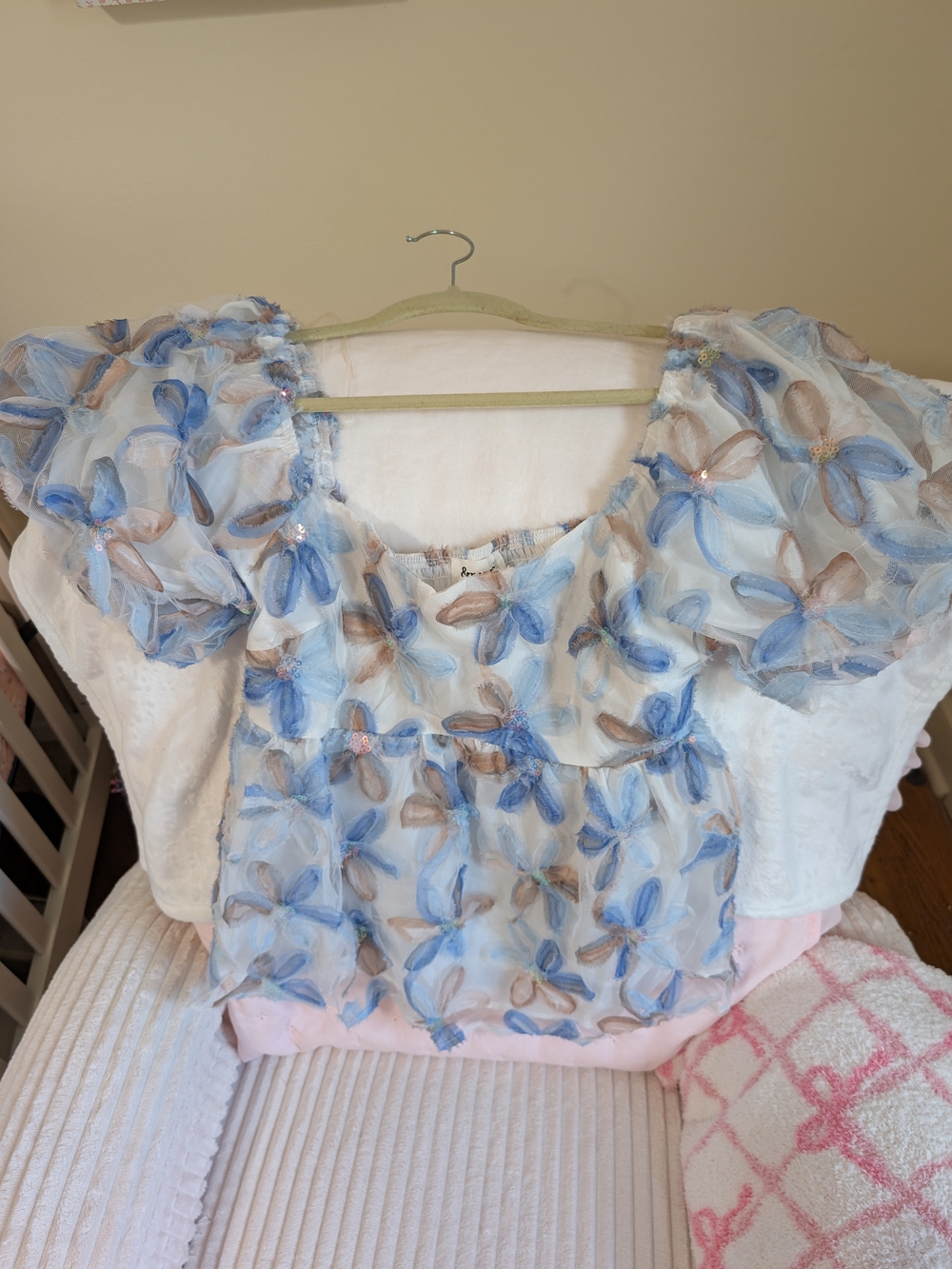 Womens Puff Sleeve Floral Organza Top - Blue & Cream